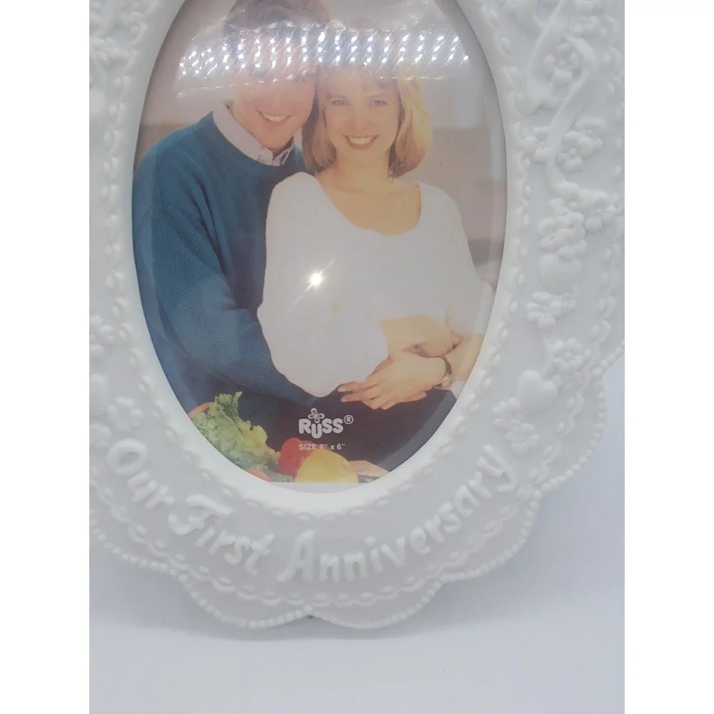 Russ Berrie Our First Anniversary White Ceramic Oval Picture Frame 4x6 Vintage